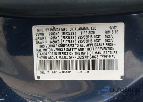 2007 Honda Odyssey Lx from USA, damaged, VIN 5FNRL38227B134073